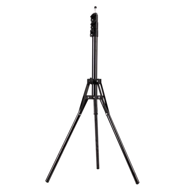 Viltrox Compact Light Stand on musta, säädettävä kolmijalkainen kolmijalkainen jalusta, jossa on kolme ulosvedettyä jalkaa ja pystysuora keskitanko.