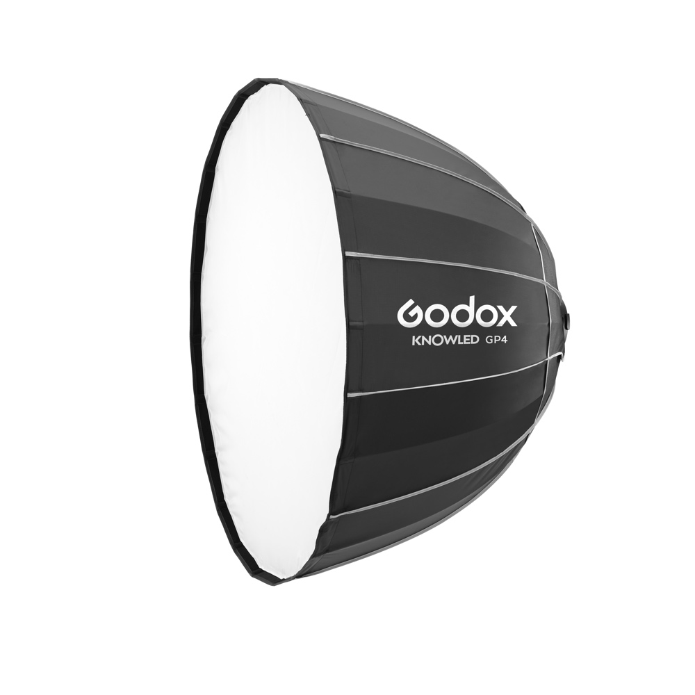Godox GP4 Parabolic Softbox 120cm, joka on yhteensopiva KNOWLED MG1200Bi:n kanssa, on kupolimuotoinen, jossa on musta ulkopuoli ja valkoinen etuosa ammattimaiseen valokuvaukseen.
