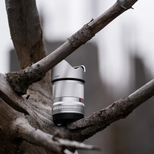 Viltrox AF 33mm f/1.4 -objektiivi, Nikon Z (hopea) on kuvattu lepäämään sään vaikutuksesta vanhentuneella puun oksalla pehmeästi sumeaa harmaata taustaa vasten.