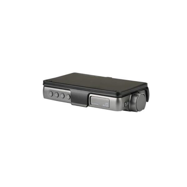 Viltrox DC 550 Pro on kompakti, suorakulmainen 5,25" 4K HDMI-kosketusnäyttö, jossa on musta yläosa, hopeiset sivut, useita painikkeita ja suuri oikeanpuoleinen valitsin, joka on ihanteellinen kameran asetuksiin.