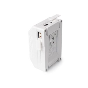 The Viltrox BP V99 6700mAh V-Mount battery is a white, rectangular electronic device with multiple ports and a metal side mount that appears on a white background.