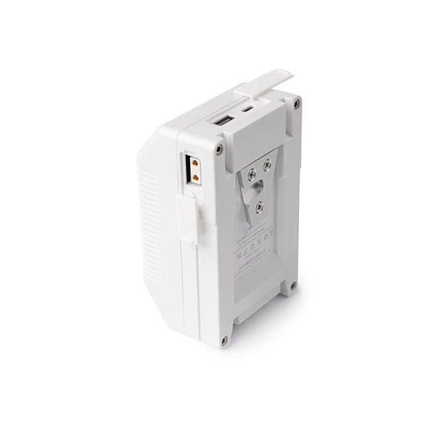 The Viltrox BP V99 6700mAh V-Mount battery is a white, rectangular electronic device with multiple ports and a metal side mount that appears on a white background.