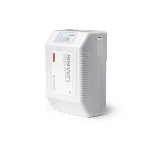 The Viltrox BP V99 6700mAh V-Mount battery is a white, rectangular rechargeable battery with a small digital display at the top, ridges on the sides and labeled text showing the battery capacity and brand name against a white background.