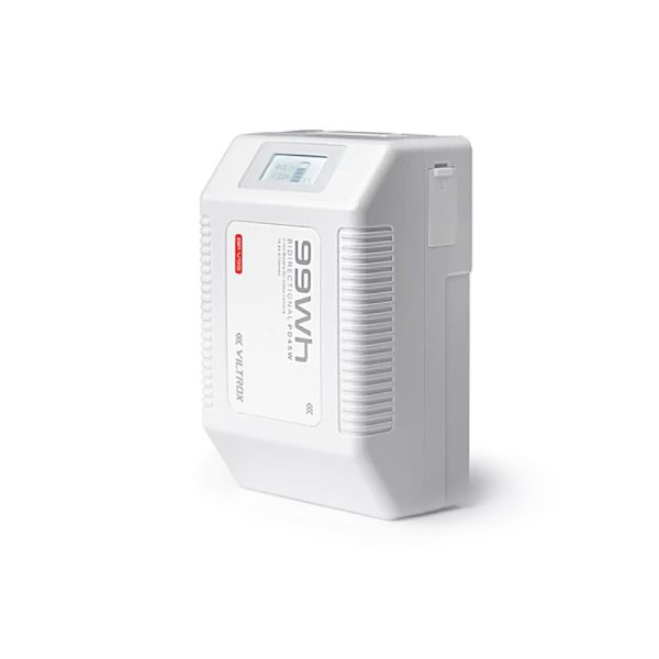 The Viltrox BP V99 6700mAh V-Mount battery is a white, rectangular rechargeable battery with a small digital display at the top, ridges on the sides and labeled text showing the battery capacity and brand name against a white background.
