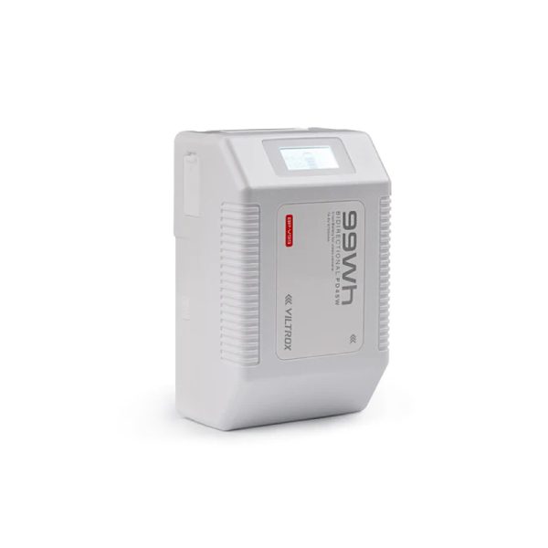 Rectangular Viltrox BP V99 6700mAh V-Mount battery with "99Wh" on the side, small display and ribbed sides, shown on a white background.