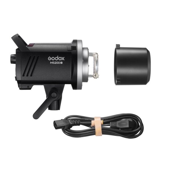 1682497680_610 Godox MS200V -studiostroboskooppivalaisin, jossa on irrotettava heijastin ja virtajohto alla, kaikki valkoisella pohjalla.