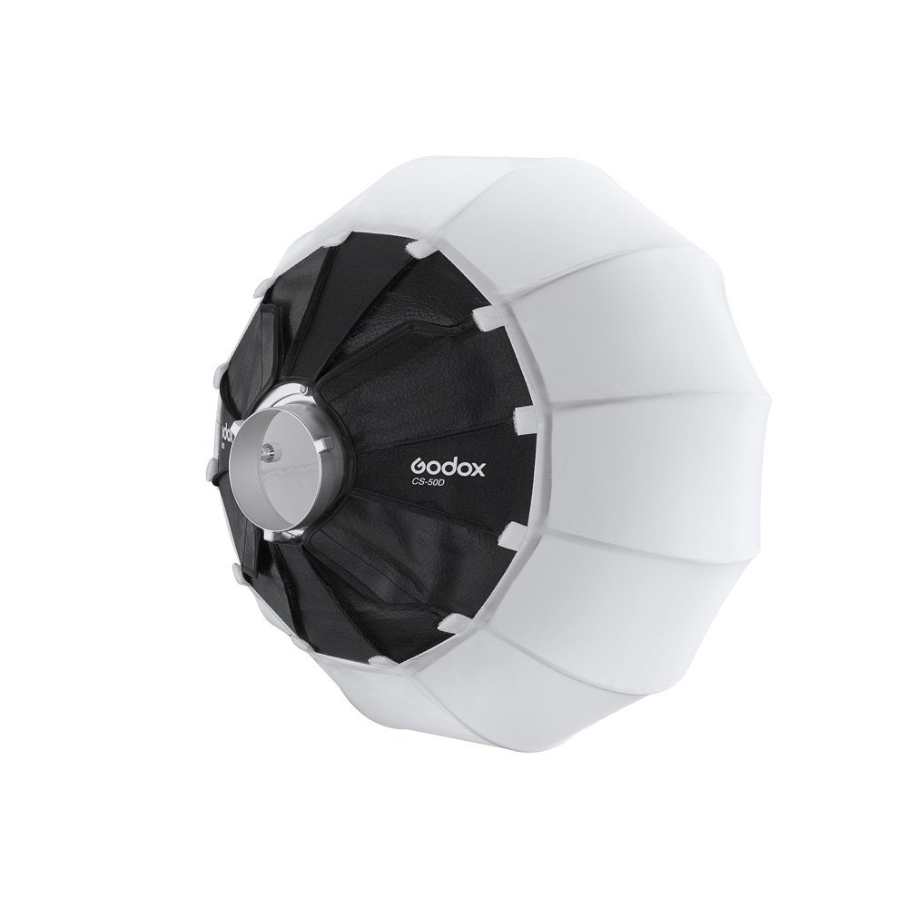 White and black Godox CS50D Lantern Softbox 50cm, with silver mounting, on a white base.