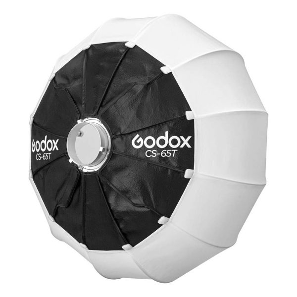The Godox Lantern Softbox for Livestreaming CS-65T is presented in a round, umbrella-shaped black and white design with the Godox logo on its fabric panels, perfect for studio lighting.