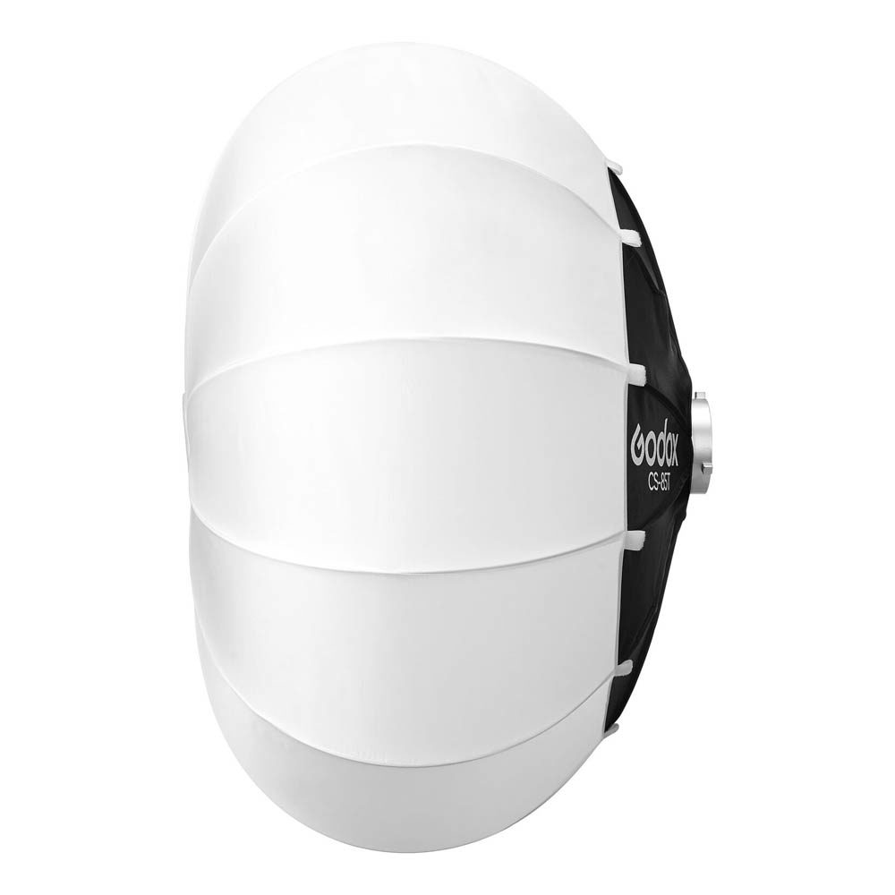 The Godox Lantern Softbox for Livestreaming CS-85T is a white, dome-shaped softbox with segmented panels and a black back, ideal for diffusing light in photo or video shoots.