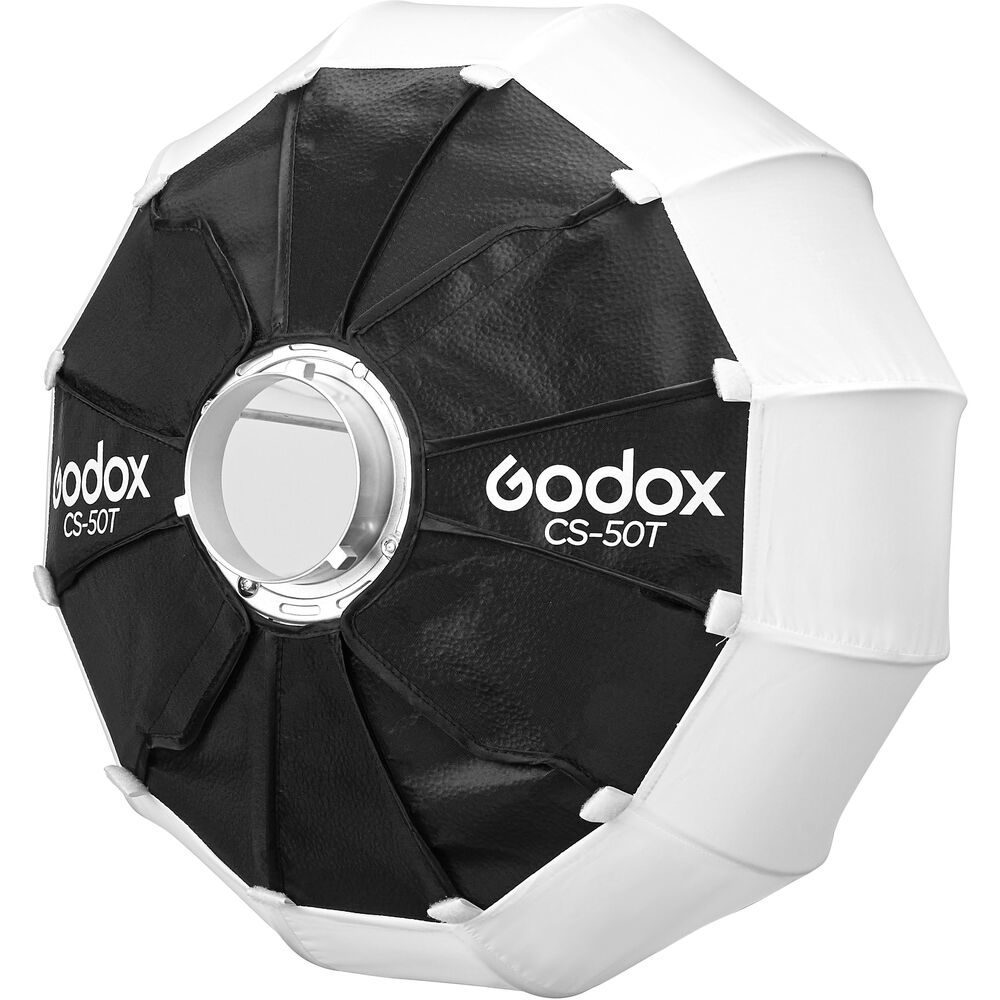 The Godox Lantern Softbox for Livestreaming CS-50T features a black and white octagonal design, ideal for softening and diffusing light in photography or videography, and has a circular centre hole for easy attachment to a light source.