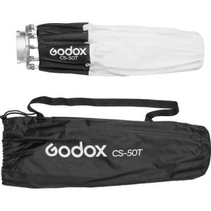 Folded Godox Lantern Softbox for Livestreaming CS-50T and its black carrying case, both with Godox logo and model name; the softbox is partly white and black, and the case has a shoulder strap.
