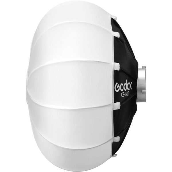 A side view of the Godox Lantern Softbox for Livestreaming CS-50T shows its white, domed design with black accents and branding, ideal for diffusing light in photography, videography and livestreaming settings.