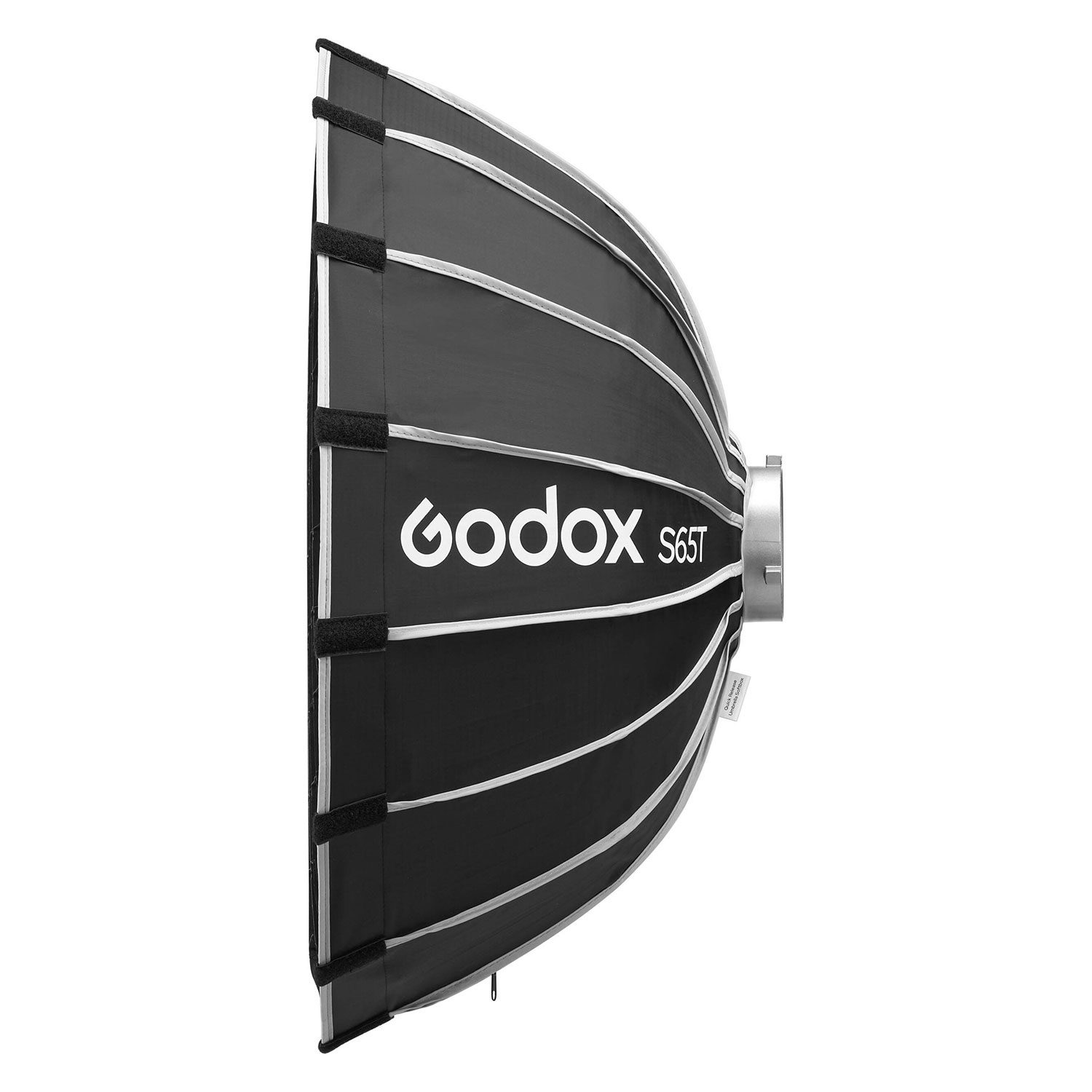 Sivukuva mustasta Godox Multifunctional Softbox S65T:stä, jossa on hopeiset kylkiluut ja hopeinen kiinnitysrengas, ja jossa on tuotemerkki ja malli valkoisin kirjaimin.
