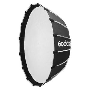 Godox Multifunctional Softbox S65T on suuri, pyöreä mustavalkoinen valokuvaussoftbox, jossa on heijastava sisäpuoli, tukitangot ja sivuun painettu Godoxin tuotemerkki.