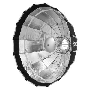 Godox Multifunctional Softbox S65T on suuri, hopeanvärinen, pyöreä parabolinen heijastin, jossa on metallitangot ja musta reunus studiovalaistukseen. Sivussa on sana "Godox".