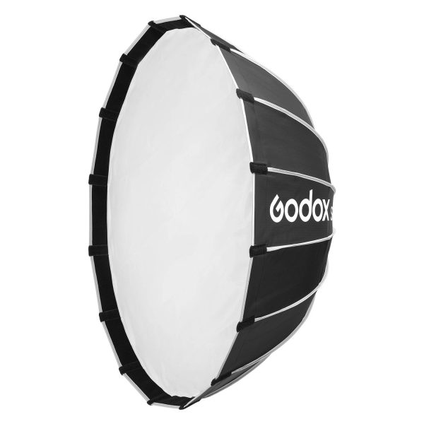 Godox Multifunctional Softbox S85T on suuri, pyöreä valokuvausvalaistuksen softbox, jossa on valkoinen diffuusori edessä ja mustat sivut, joissa on Godoxin logo.