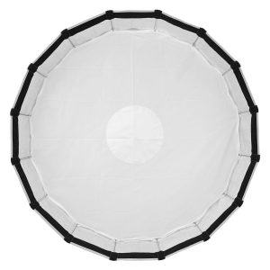 Godox Multifunctional Softbox S85T on pyöreä valkoinen kangasdiffuusori, jossa on musta reunus ja tasaisin välein olevat mustat hihnat, ylhäältä katsottuna, jota käytetään yleisesti valokuvauksen valaistusasetuksissa.