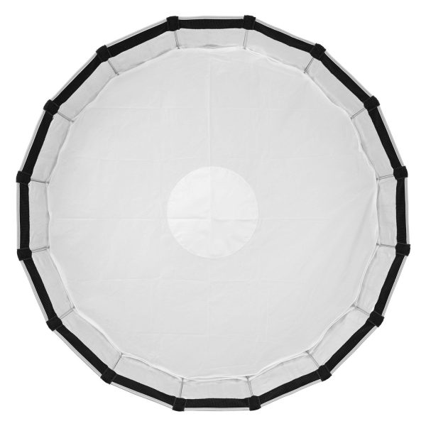 Godox Multifunctional Softbox S85T on pyöreä valkoinen kangasdiffuusori, jossa on musta reunus ja tasaisin välein olevat mustat hihnat, ylhäältä katsottuna, jota käytetään yleisesti valokuvauksen valaistusasetuksissa.