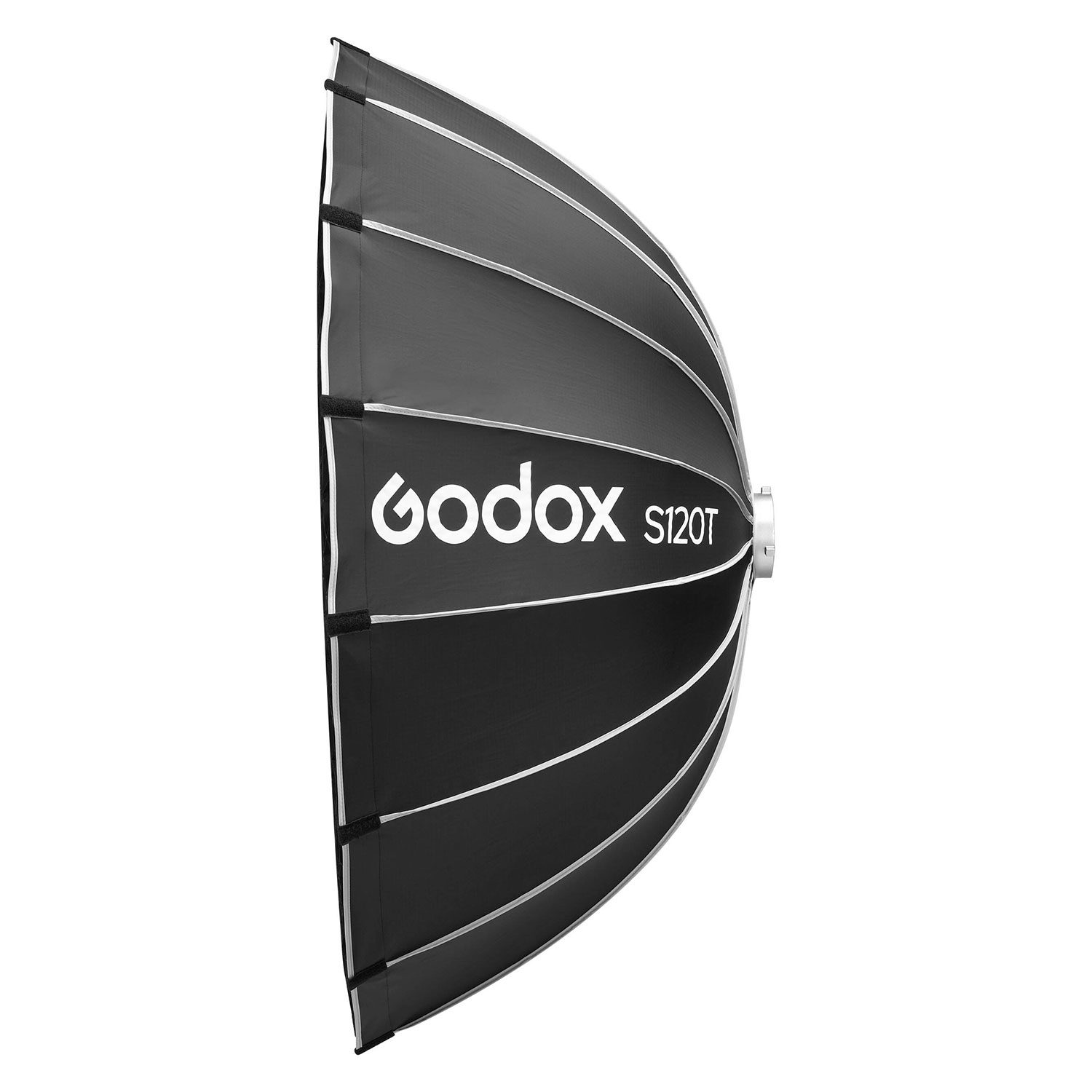 Musta Godox Multifunctional Softbox S120T, jossa on valkoiset kylkiluut ja hopeinen sisustus, näkyy sivulta, ja siinä näkyy tuotemerkki ja malli valkoisin kirjaimin.
