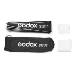 1705321964_849 Taitettu Godox Multifunctional Softbox S120T, musta kantolaukku, jossa on merkintä Godox S120T, ja kaksi valkoista kangasdiffuusoria ovat esillä valkoisella pohjalla.