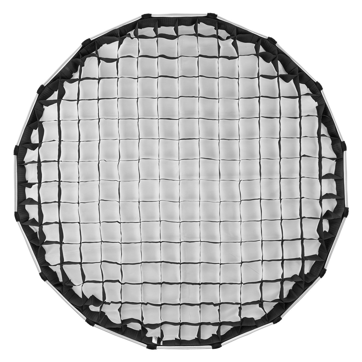 Godox Grid for Multifunctional Softbox S85T on esitetty ylhäältä päin, ja siinä on mustat kangasnauhat, jotka jakavat pyöreän valkoisen diffuusiopinnan pieniin neliön muotoisiin osiin.