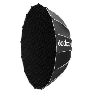 Godox Grid For Multifunctional Softbox S120T on musta kuusikulmainen softbox, jossa on ritilä, hopeiset sisäkyljet ja Godoxin logo valkoisella kyljessä.