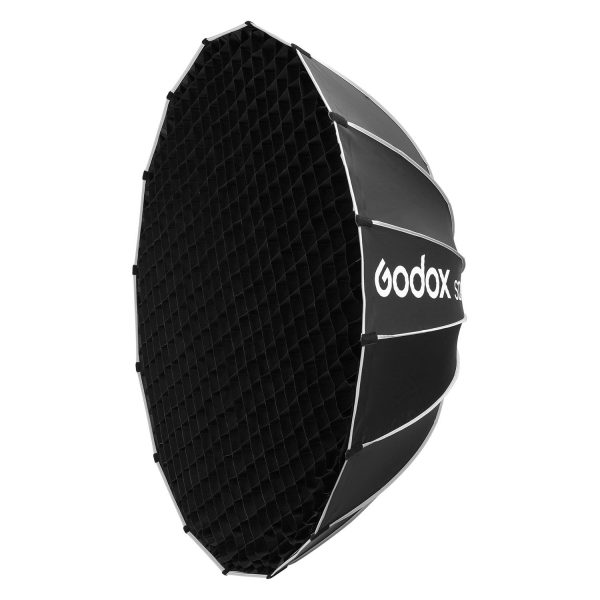 Godox Grid For Multifunctional Softbox S120T on musta kuusikulmainen softbox, jossa on ritilä, hopeiset sisäkyljet ja Godoxin logo valkoisella kyljessä.
