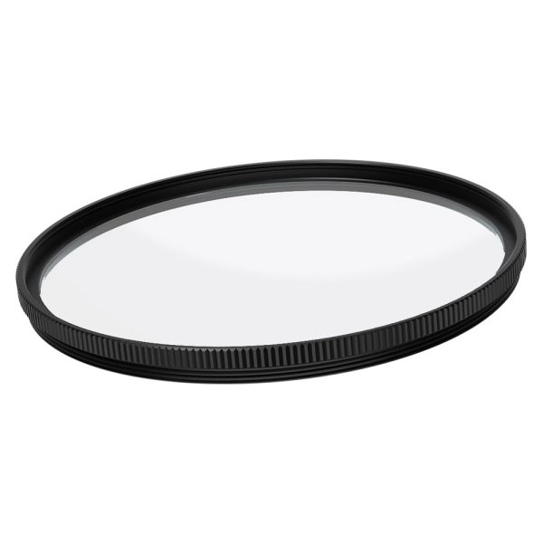 Lähikuvassa Viltrox Ultra Slim MC UV / Protection Filter 86mm -suojasuodin pyöreä, läpinäkyvä lasi, jossa on musta, kuvioitu metallireuna valkoista taustaa vasten.