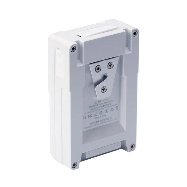 The Viltrox BP V50 3350mAh V-Mount battery is a white, rectangular device with visible screws, a metal mounting bracket and printed symbols and text on the back panel.