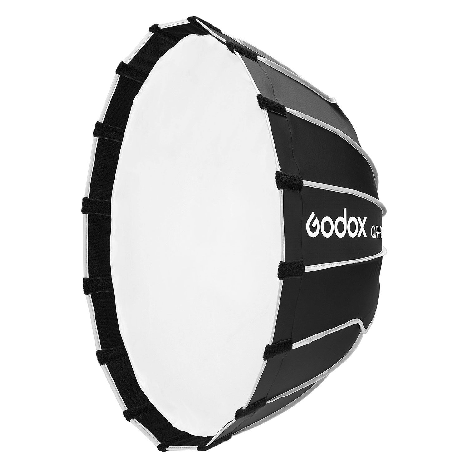 Godox Quick Release Parabolic Softbox QR-P60T livestreamingiin on mustavalkoinen, sateenvarjon muotoinen studiovalaistuksen softbox, jossa on tukitangot ja valkoinen diffuusion etupaneeli.