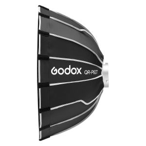 Sivunäkymä Godox Quick Release Parabolic Softboxista livestriimaukseen (QR-P60T), musta ja kupolimainen, hopeavuorattu ja valkoisilla tukikylkipalkeilla varustettu, valkoista taustaa vasten.