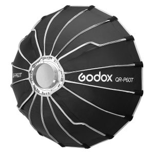 Mustassa, pyöreässä Godox Quick Release Parabolic Softbox for livestreaming QR-P60T:ssä on hopeiset kylkiluut, heijastava sisäpuoli ja sivuun painettu "Godox QR-P60T".
