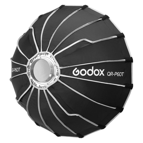 Mustassa, pyöreässä Godox Quick Release Parabolic Softbox for livestreaming QR-P60T:ssä on hopeiset kylkiluut, heijastava sisäpuoli ja sivuun painettu "Godox QR-P60T".