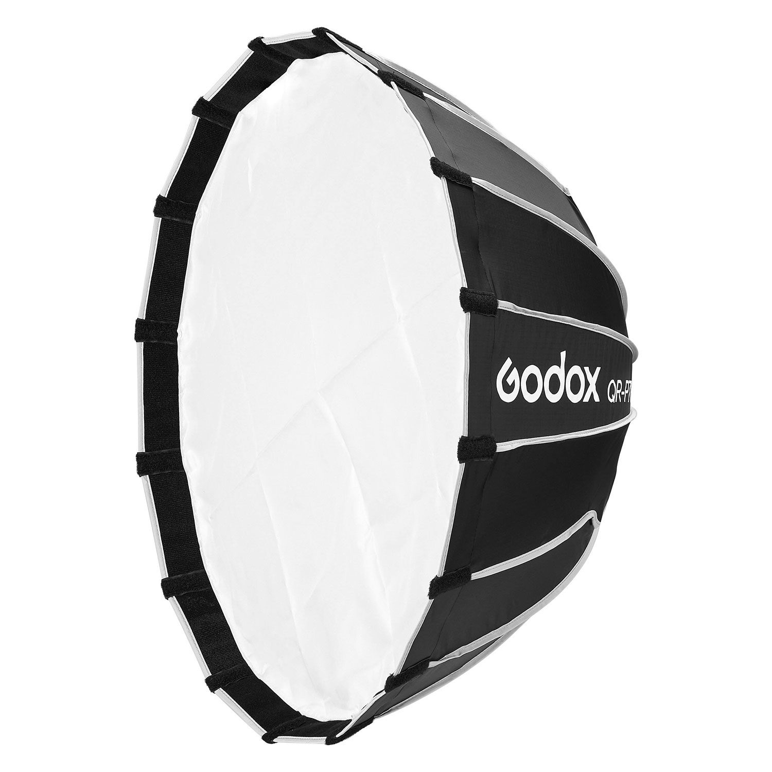 Godox Quick Release Parabolic Softbox for livestreaming QR-P70T on suuri, mustavalkoinen, sateenvarjon muotoinen softbox, joka on suunniteltu hajottamaan valoa valokuvauksessa tai videokuvauksessa. Sivussa näkyy Godoxin tuotemerkki.