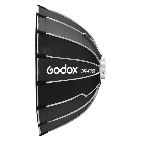 Godox Quick Release Parabolic Softbox livestreamingiin QR-P70T mustana ja hopeisena näkyy sivulta, ja siinä on sen logo ja näkyvät tukikylkiluut.