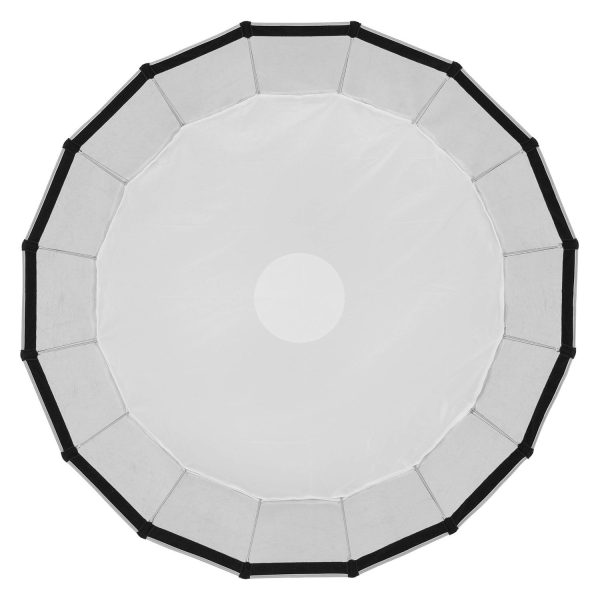Godox Quick Release Parabolic Softbox QR-P70T on pyöreä valkoinen softbox, jossa on musta, segmentoitu ulkoreuna, ylhäältä kuvattuna valkoista taustaa vasten. Täydellinen livestreamingiin ja valokuvaukseen.