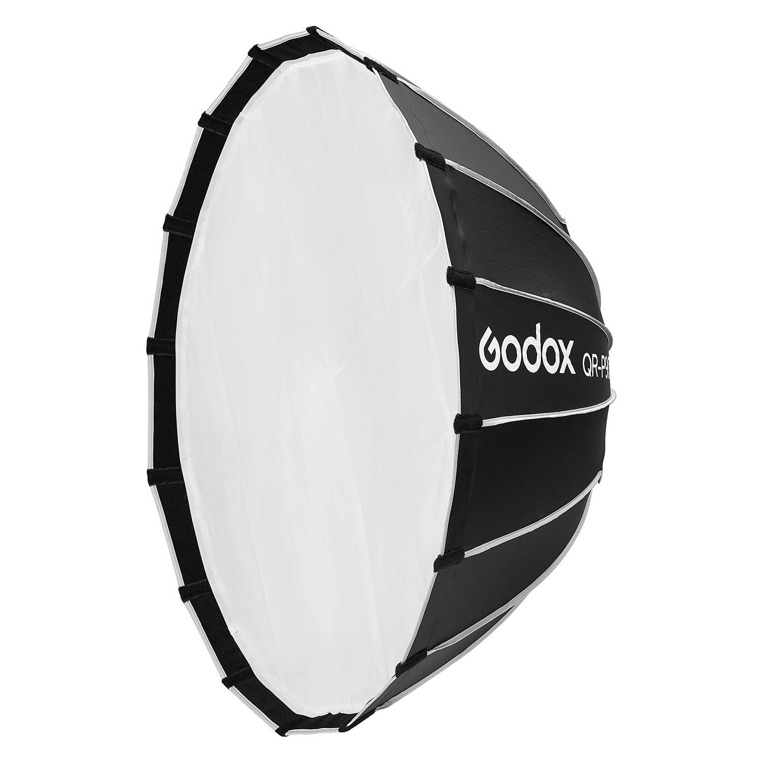Godox Quick Release Parabolic Softbox QR-P90T on mustavalkoinen, sateenvarjon muotoinen softbox, joka on suunniteltu livestreamingiin ja joka on ihanteellinen studiovalaistuksen hajottamiseen valokuvauksessa tai videokuvauksessa.