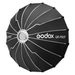 Godox Quick Release Parabolic Softbox for livestreaming QR-P90T on suuri, musta, sateenvarjotyyppinen softbox, jossa on hopeiset kylkiluut ja keskiosa, joka on suunniteltu ammattimaiseen valokuvaukseen.
