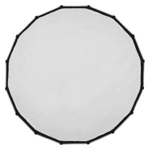 Godox Quick Release Parabolic Softbox QR-P90T on suuri, pyöreä, valkoinen valokuvausheijastin, jossa on musta reunus, ylhäältä kuvattuna tavallista taustaa vasten.