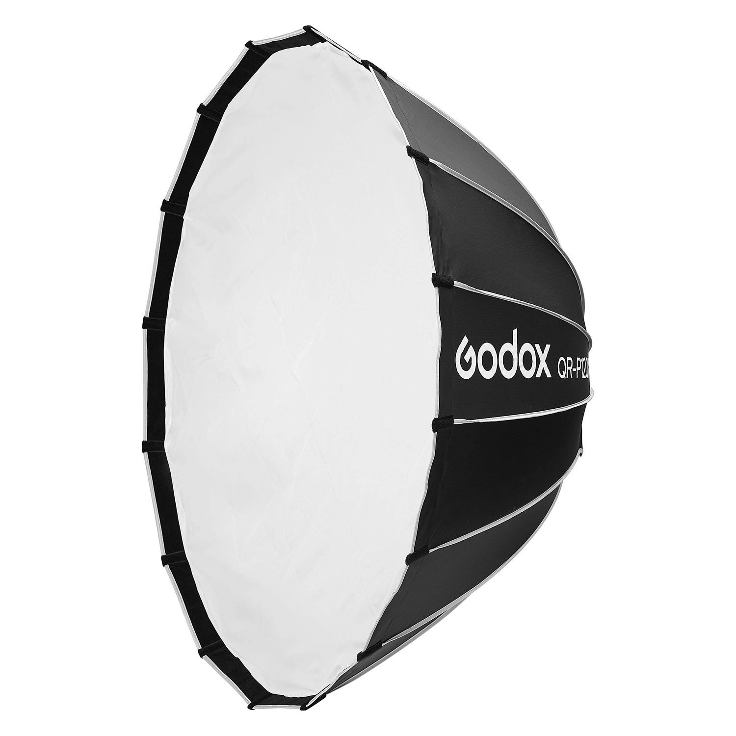 Godox Quick Release Parabolic Softbox for livestreaming QR-P120T, large and black with white diffuser, visible from a side angle against a white background, ideal for studio lighting.