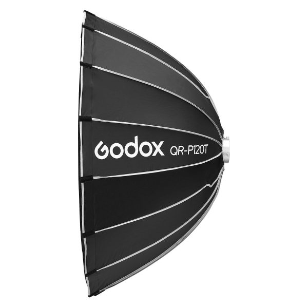 Side view of the Godox Quick Release Parabolic Softbox for livestreaming QR-P120T, black and silver, white support rods and silver mounting ring. The Godox logo and model name appear on the surface of the softbox.