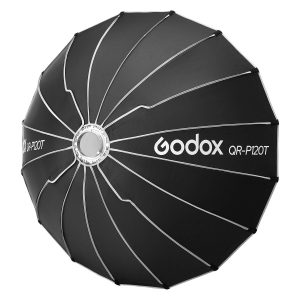 The Godox Quick Release Parabolic Softbox for Livestreaming QR-P120T is pictured from the front and features black fabric, silver rods, a white logo and a circular metal centre with outward radiating rods.