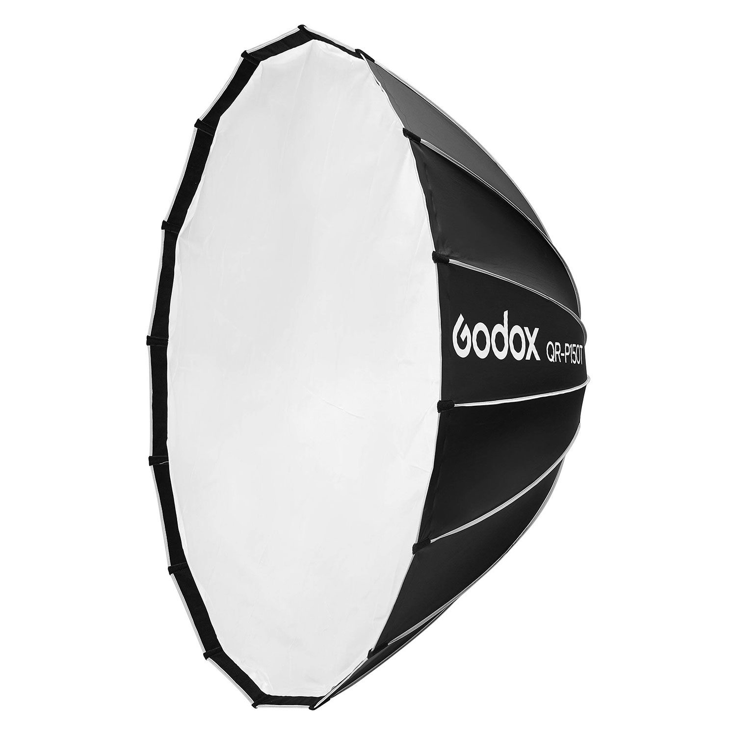 Godox Quick Release Parabolic Softbox for livestreaming QR-P150T on suuri, mustavalkoinen, pallomainen softbox, jossa on näkyvät tukitangot ja joka sopii erinomaisesti valokuvauksen ja striimauksen valaistuksen tehostamiseen.