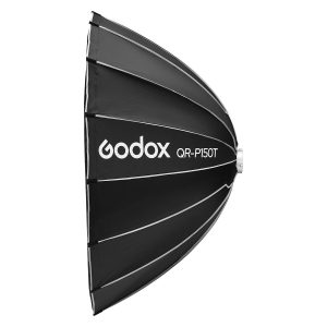 Sivukuva Godox Quick Release Parabolic Softbox For livestreaming QR-P150T:stä, joka on musta, kupolimuotoinen, valkoisilla tukikylkiluilla ja suurella valkoisella Godoxin tuotemerkillä.