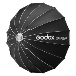 Musta Godoxin Quick Release Parabolic Softbox livestriimaukseen, malli QR-P150T, jossa on hopeanväriset sisäkylkilinjat ja pyöreä keskiaukko. Softboxissa näkyy tuotemerkki ja malli valkoisin kirjaimin.