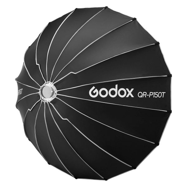 Musta Godoxin Quick Release Parabolic Softbox livestriimaukseen, malli QR-P150T, jossa on hopeanväriset sisäkylkilinjat ja pyöreä keskiaukko. Softboxissa näkyy tuotemerkki ja malli valkoisin kirjaimin.