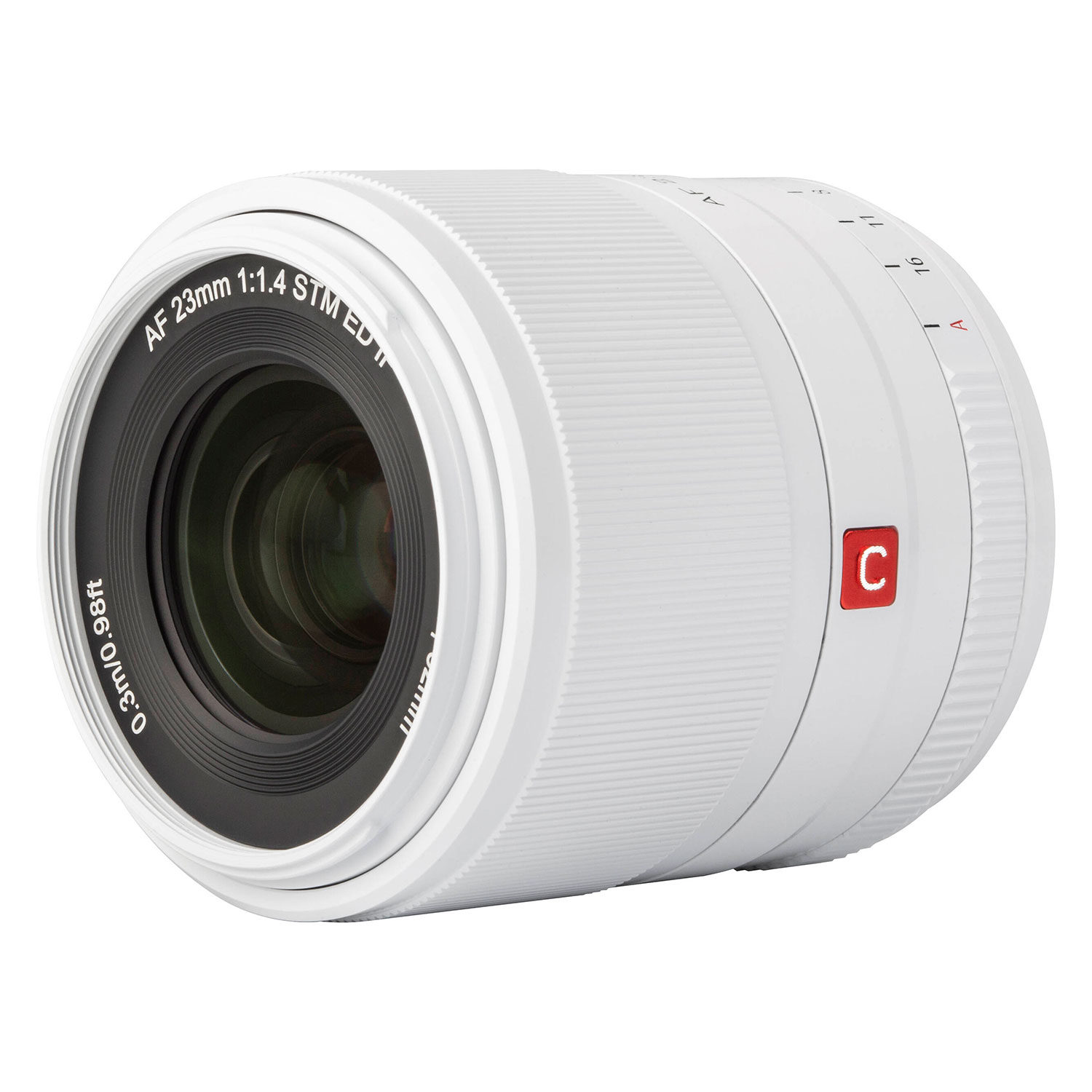 A close-up of the Viltrox AF 23mm f/1.4 lens, Fuji X (Limited Edition White) shows the AF 23mm 1:1.4 STM ED IF on the front, the textured focus ring and the red C button on the side.