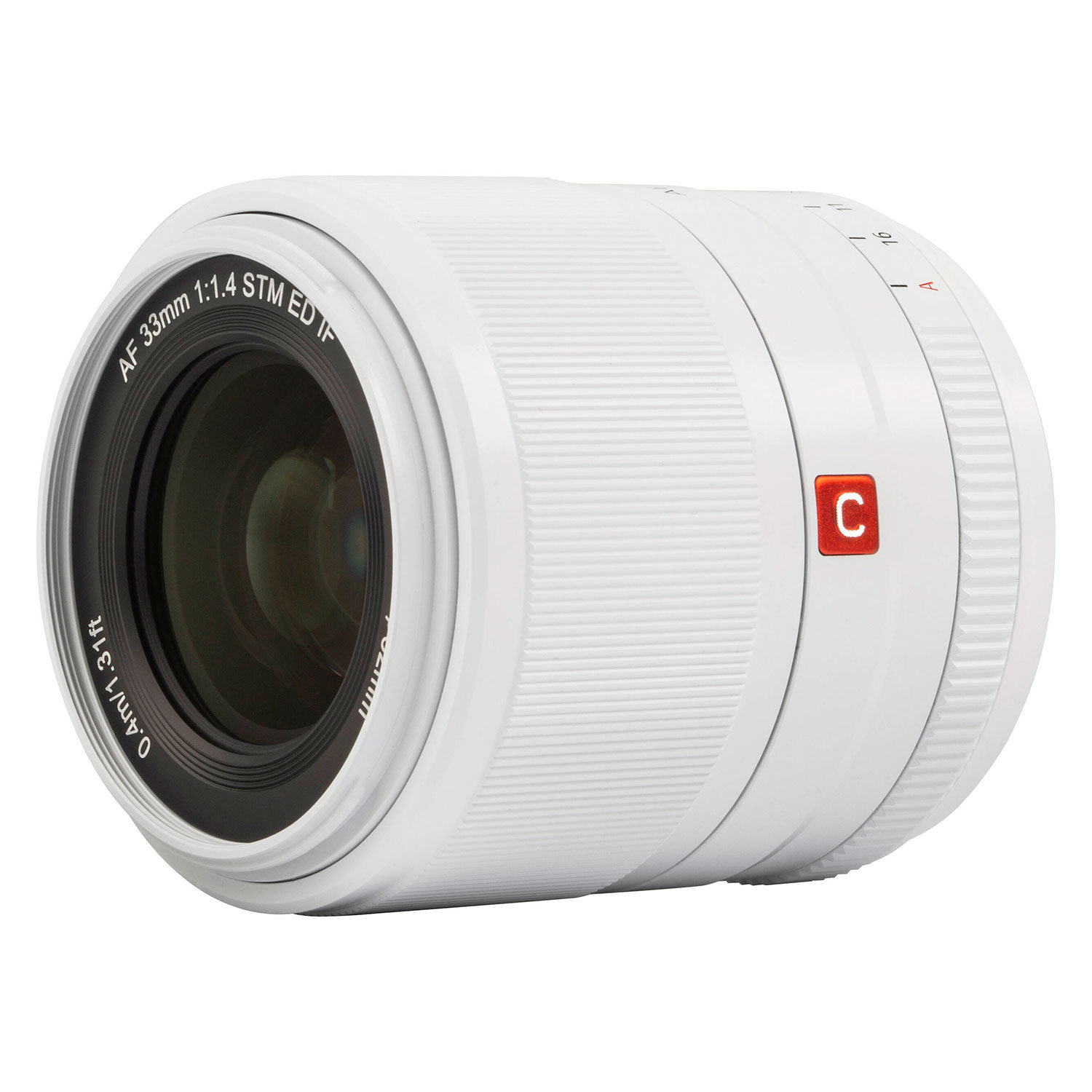 The Viltrox AF 33mm f/1.4, Fuji X (Limited Edition White) features a textured grip, autofocus switch, black front glass and red C logo, and is marked "AF 33mm 1:1.4 STM ED IF" on the body.