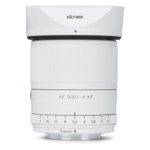 The Viltrox AF 33mm f/1.4 lens, Fuji X (Limited Edition White), with clear focus and aperture rings, is displayed upright against a white background.