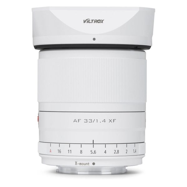The Viltrox AF 33mm f/1.4 lens, Fuji X (Limited Edition White), with clear focus and aperture rings, is displayed upright against a white background.